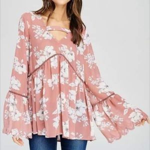 Crescent Floral Chiffon Top with Bell Sleeves